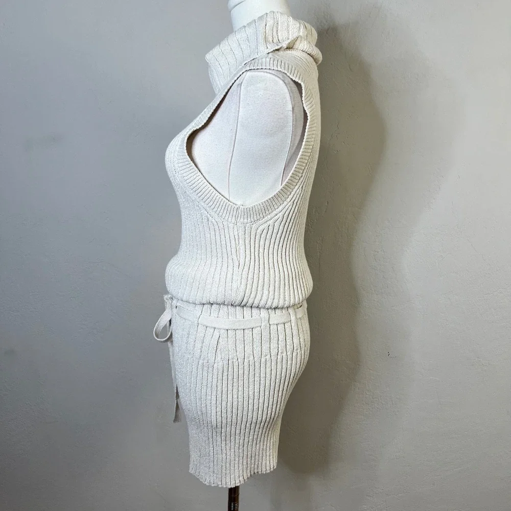 Free People Beach Silvia Cream Knit‎ Sleeveless Turtleneck Mini Dress Large NWT